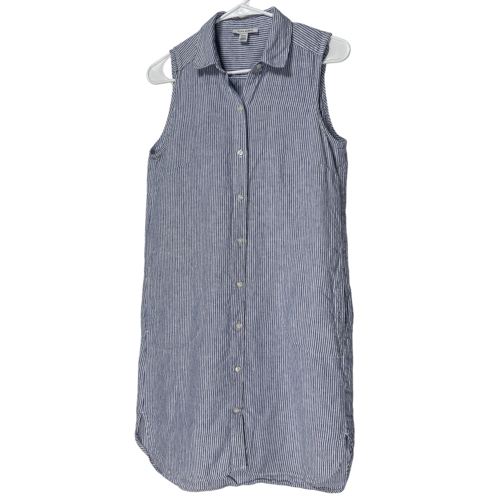 Pure Navy 100% Linen Striped Sleeveless Button Down Shirt Dress Blue White Small